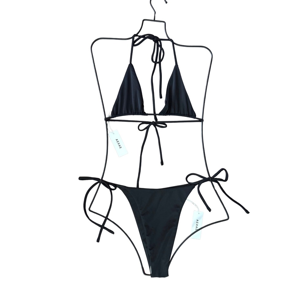 Aexae Black Triangle Bikini Set Halter Top Side Tie Bottoms Recycled NWT $200 M